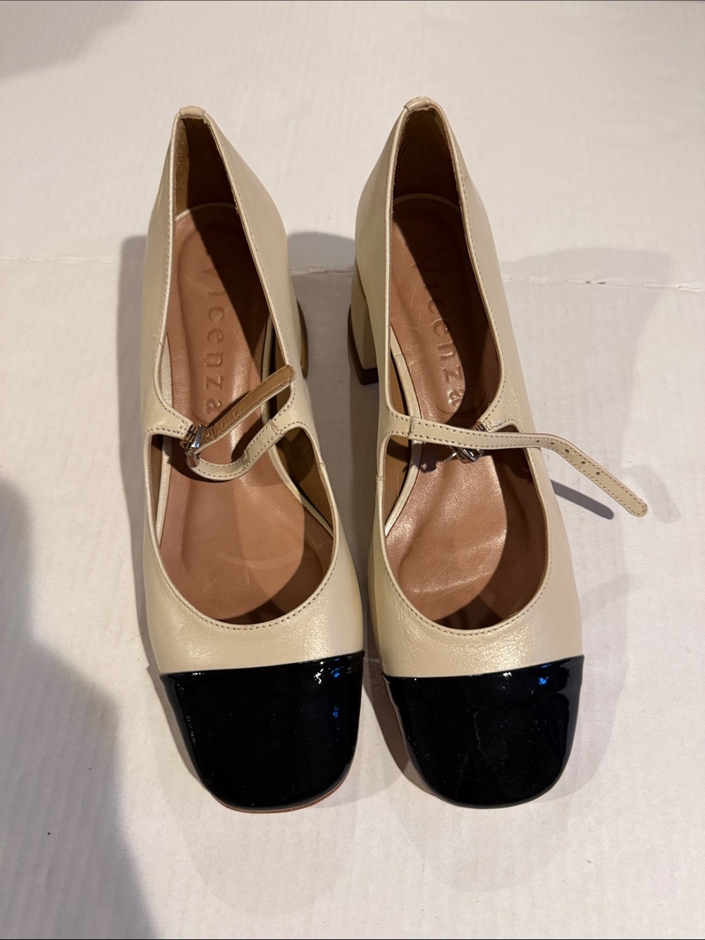 Vince Camuto Cream Leather Heels with Black Patent Cap Toe